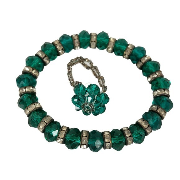 Womens Bracelet Ring 2 Piece Set Stretch Green Faceted Glass Rhinestone Vintage - Picture 9 of 9